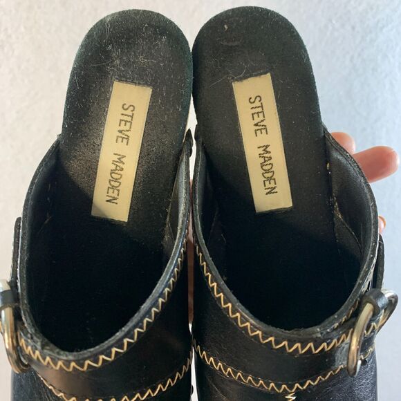 VTG 00s Steve Madden Women Y2K Wooden Platform Clogs Sz 6 Black Leather Studded - Picture 6 of 16